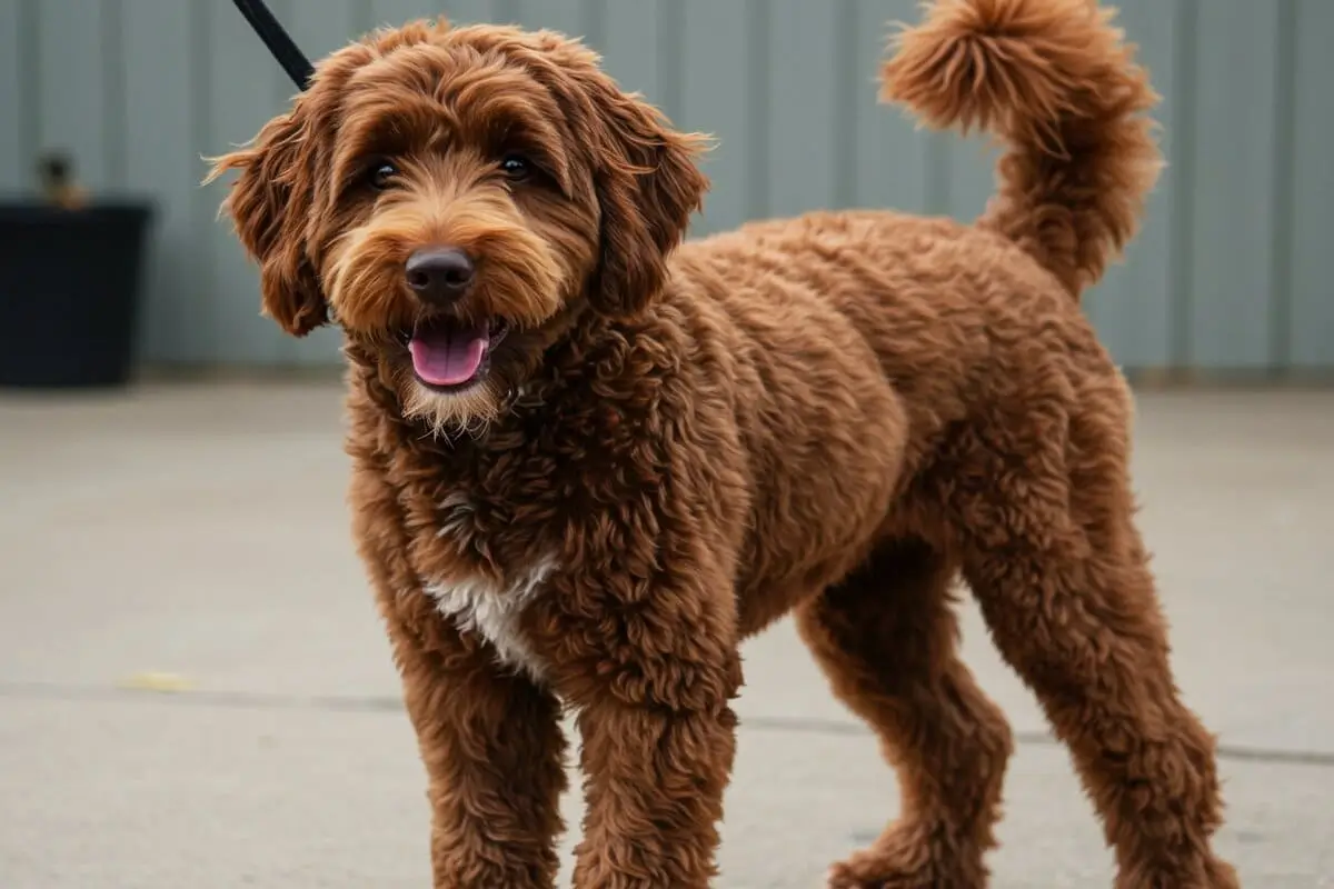 A playful brown Goldendoodle sitting in a grassy backyard, showcasing its curly coat and friendly demeanor.