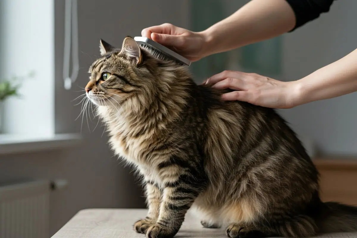 A fluffy Siberian Forest Cat with a luxurious coat, sitting gracefully on a wooden floor, showcasing its hypoallergenic qualities in a warm home setting.