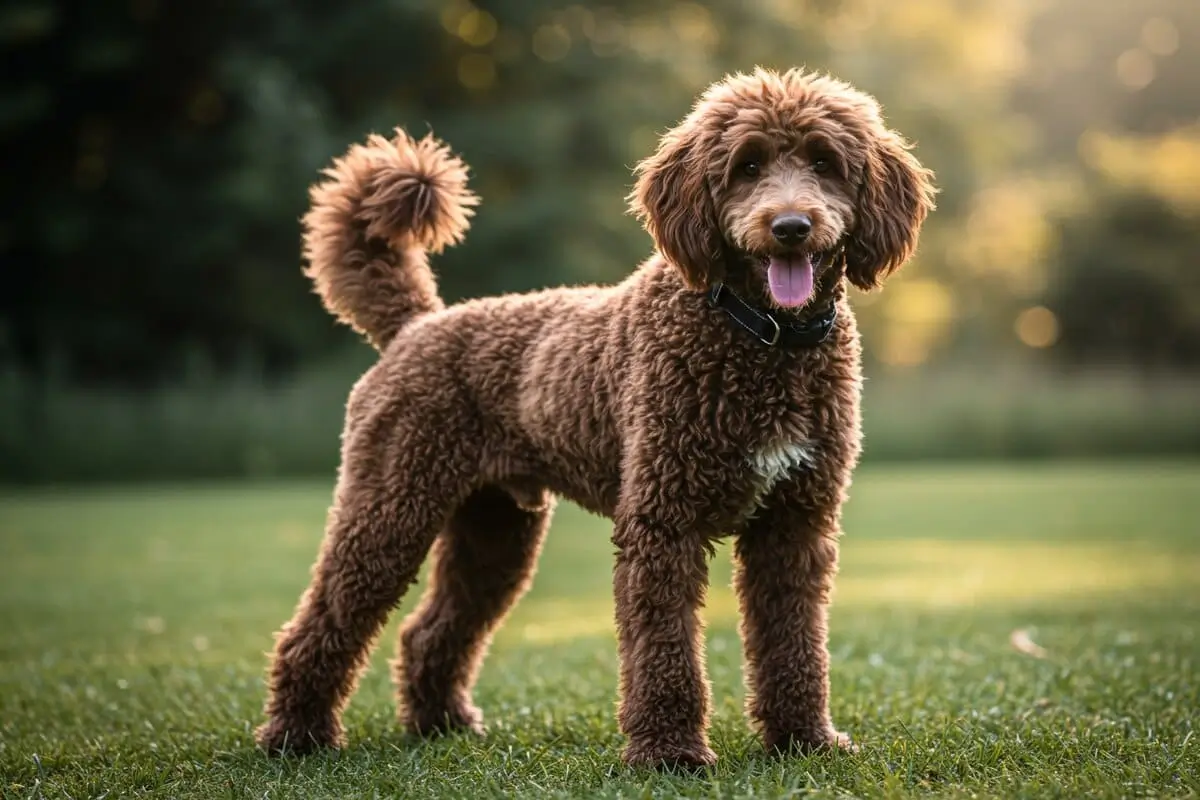 Brown Standard Poodle with curly fur standing proudly in a field.