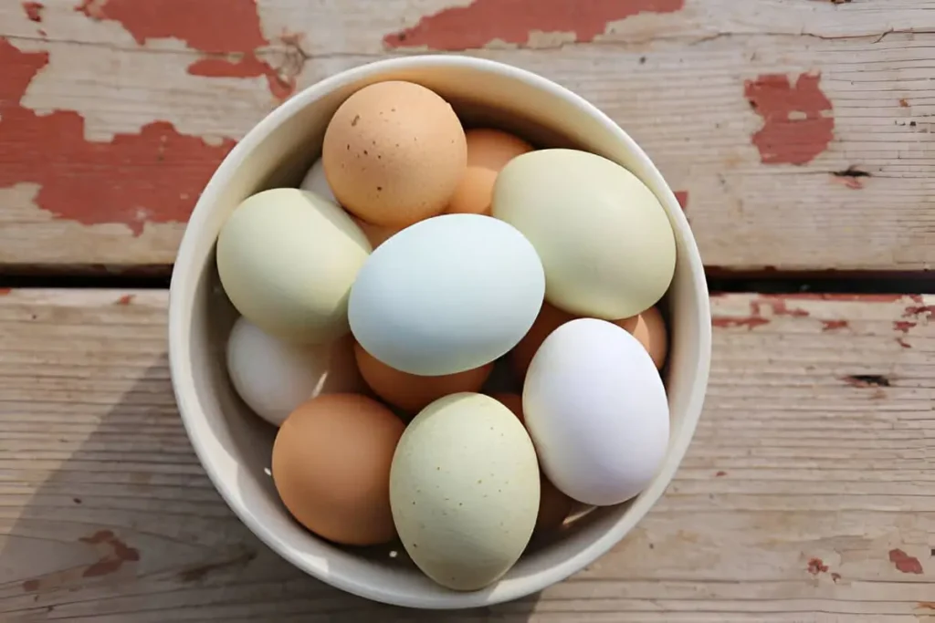 Close-up of Serama chicken eggs showing their small size and unique shell appearance.