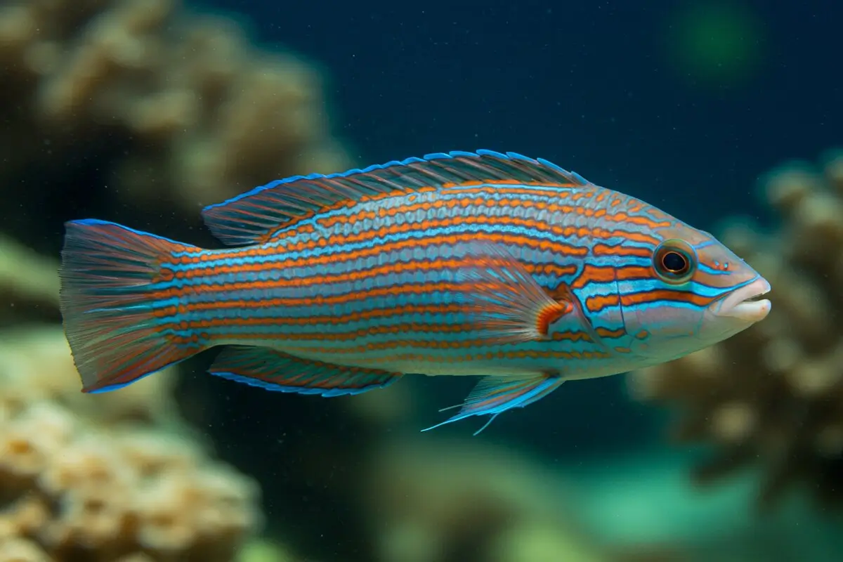 Six Line Wrasse with vibrant blue and orange stripes swimming in a coral reef.