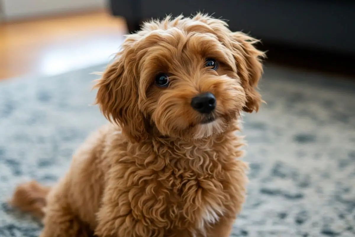 A small, curly-haired F1BB Mini Goldendoodle with a golden-apricot coat, sitting happily in a home setting. The dog has bright eyes, a friendly expression, and a hypoallergenic coat, making it an ideal family pet