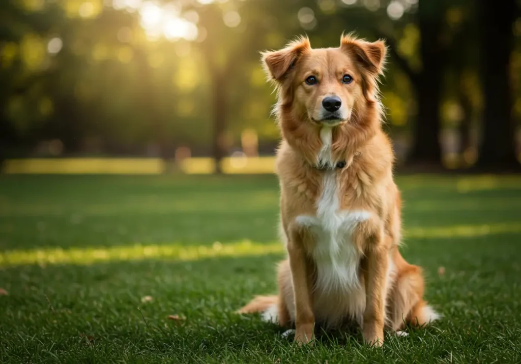 Golden Retriever Border Collie mix dog sitting on green grass with alert ears and a friendly expression.