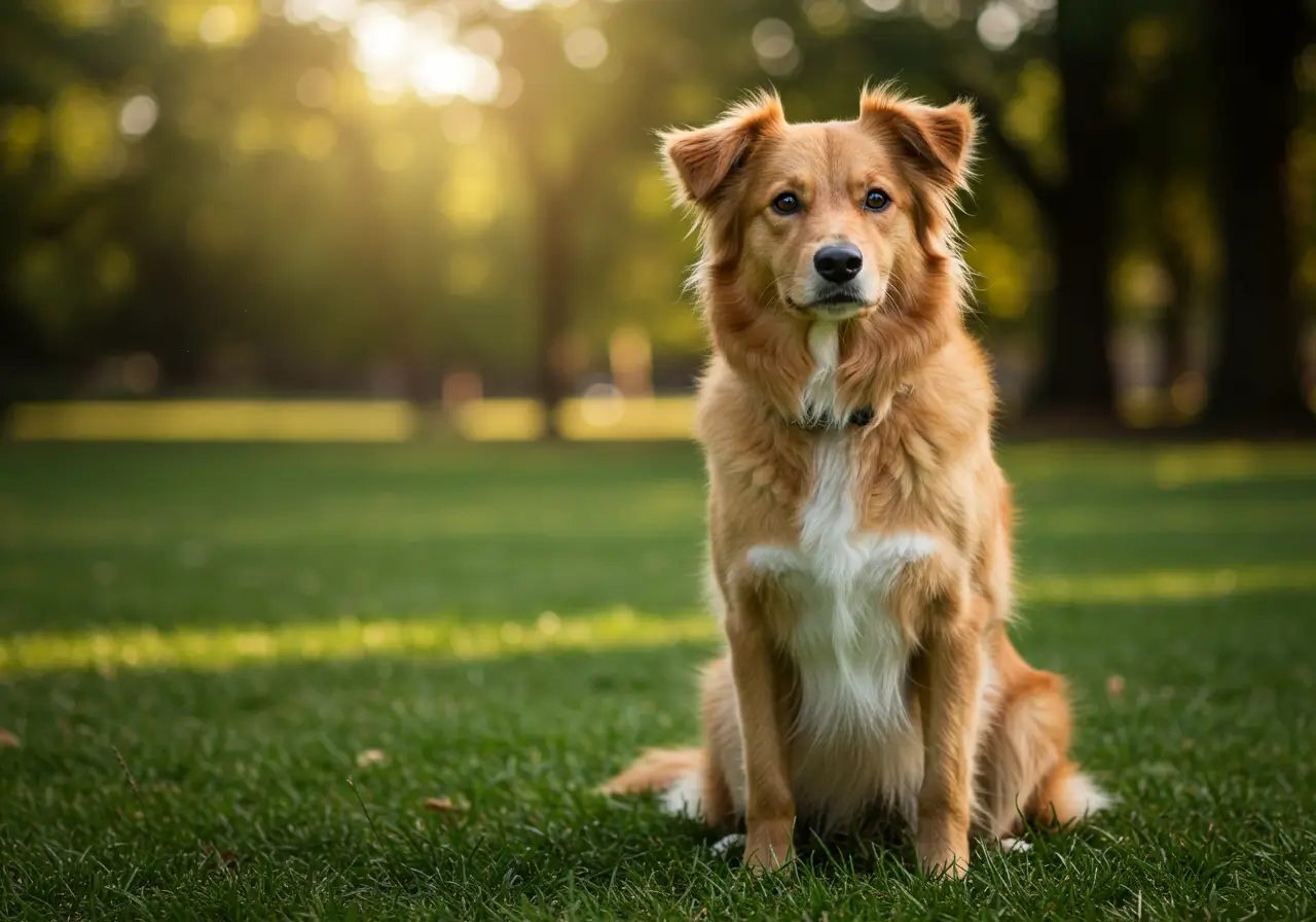 Golden Retriever Border Collie mix dog sitting on green grass with alert ears and a friendly expression.