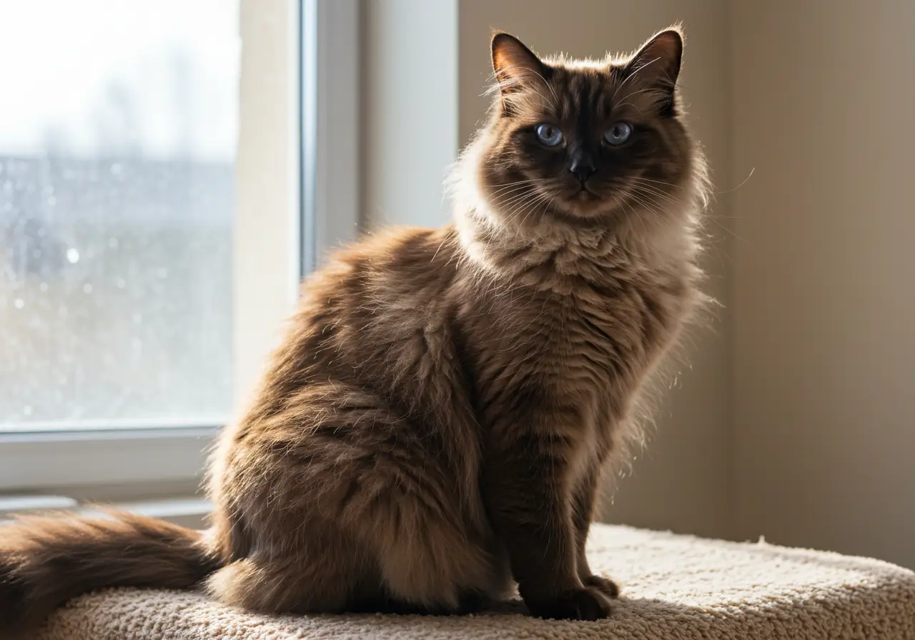 Brown Ragdoll cat with soft chocolate-point fur and blue eyes lying peacefully indoors.