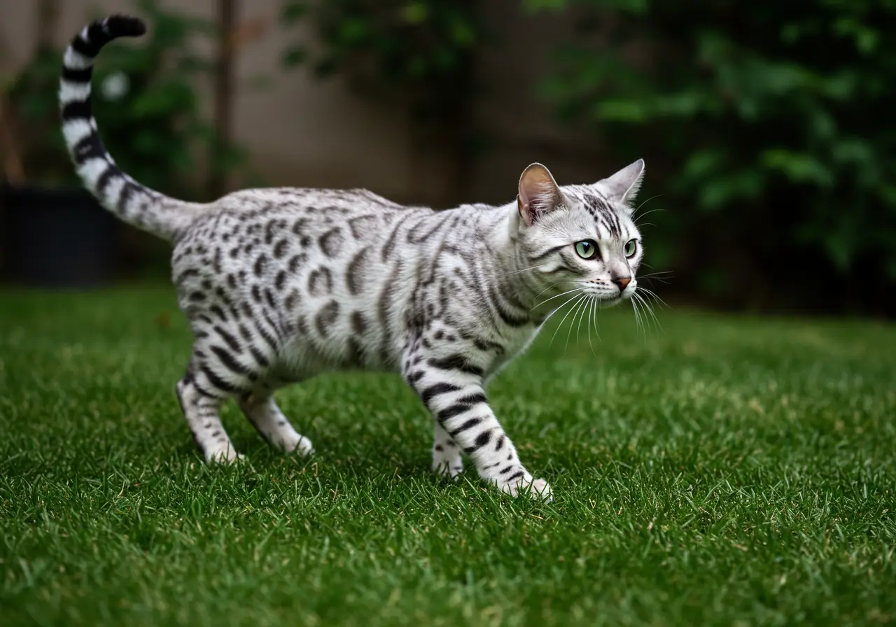 Silver Bengal cat with a shimmering silver coat and bold black rosettes, sitting gracefully on a wooden surface in natural light.